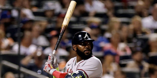 Marcell Ozuna, #20 of the Atlanta Braves, at bat during the fifth inning against the New York Mets in the second game of a doubleheader at Citi Field on August 6, 2022 in the Queens borough of New York City. 