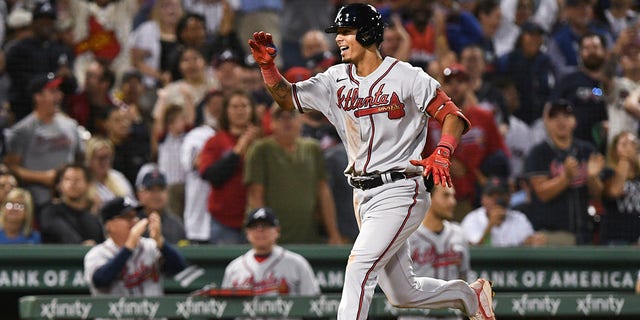 Vaughn Grissom, #18 of the Atlanta Braves, reacts after hitting a two-run home run against the Boston Red Sox during the seventh inning at Fenway Park on August 10, 2022 in Boston. 