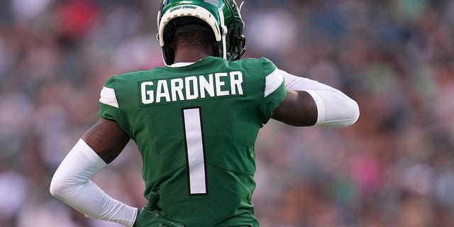 Sauce Gardner of the New York Jets looks on during the preseason game against the Philadelphia Eagles at Lincoln Financial Field in Philadelphia, Pennsylvania, on Aug. 12, 2022.