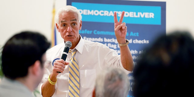 Democratic gubernatorial candidate Rep. Charlie Crist, D-Fla., speaks during a campaign event at the Pembroke Pines Jewish Center on August 17, 2022 in Pembroke Pines, Florida.