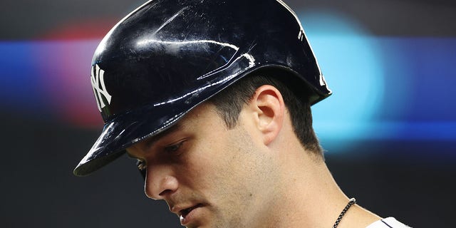 Andrew Benintendi #18 of the New York Yankees looks on during the seventh inning against the Toronto Blue Jays at Yankee Stadium on August 19, 2022 in the Bronx borough of New York City. 