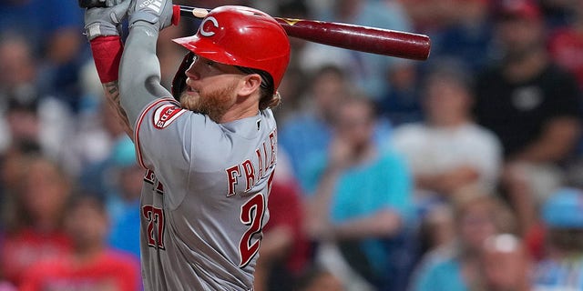 Jake Fraley, #27 of the Cincinnati Reds, bats against the Philadelphia Phillies at Citizens Bank Park on August 22, 2022 in Philadelphia. 