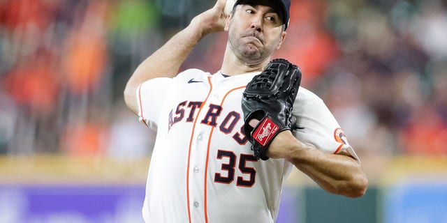 Justin Verlander, #35 of the Houston Astros, delivers during the first inning against the Minnesota Twins at Minute Maid Park on August 23, 2022 in Houston. 