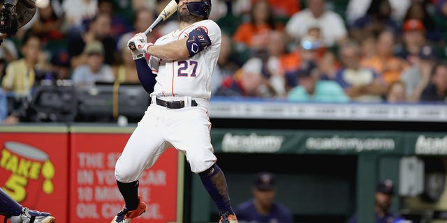 Jose Altuve #27 of the Houston Astros backs off the plate during the seventh inning against the Minnesota Twins at Minute Maid Park on Aug. 23, 2022 in Houston, Texas. 