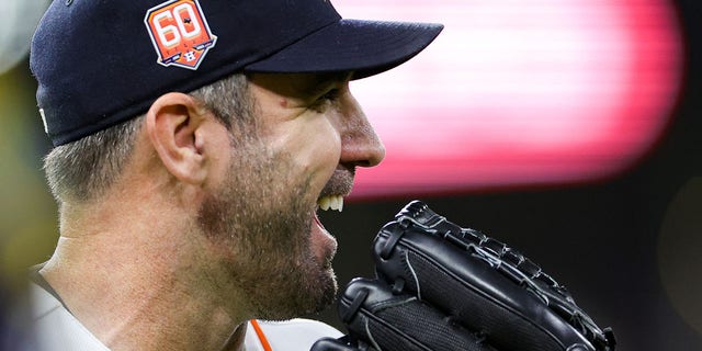 Justin Verlander, #35 of the Houston Astros, reacts during the fifth inning against the Minnesota Twins at Minute Maid Park on August 23, 2022 in Houston. 