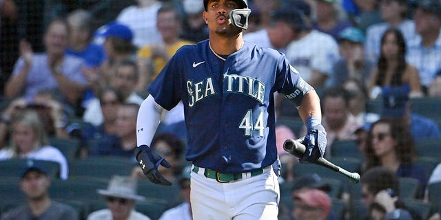 Julio Rodriguez of the Seattle Mariners walks to the batter's box during the eighth inning against the Cleveland Guardians at T-Mobile Park in Seattle, Washington, on Aug. 25, 2022.