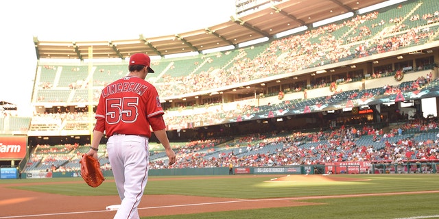 Starting pitcher Tim Lincecum, #55 of the Los Angeles Angels of Anaheim, takes the field for the game against the Oakland Athletics at Angel Stadium of Anaheim on June 23, 2016 in Anaheim, California.  