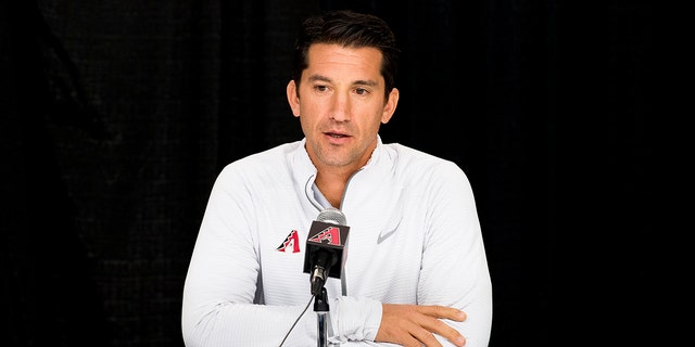 General manager Mike Hazen of the Arizona Diamondbacks addresses the media at Chase Field Oct. 10, 2017, in Phoenix, Ariz. 