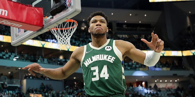 Giannis Antetokounmpo, #34 of the Milwaukee Bucks, walks to the baseline prior to Game Five of the Eastern Conference First Round Playoffs against the Chicago Bulls at Fiserv Forum on April 27, 2022 in Milwaukee.