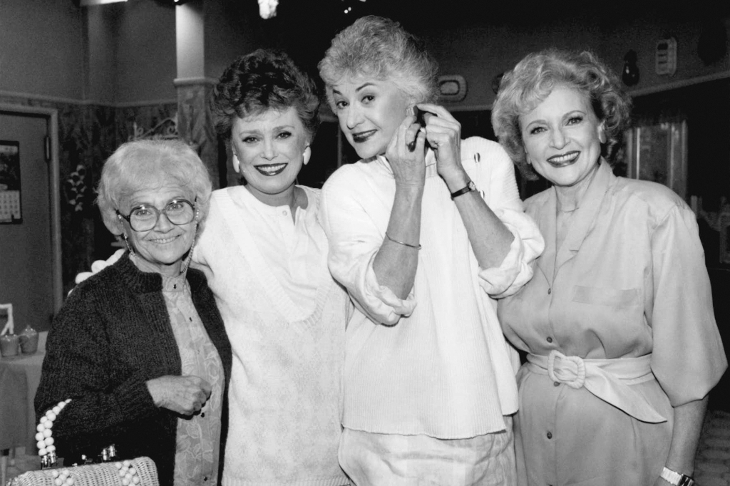 This Dec. 25, 1985 file photo shows the stars of the television series "The Golden Girls" during a break in taping in Hollywood, Calif. From left are, Estelle Getty, Rue McClanahan, Bea Arthur and Betty White.