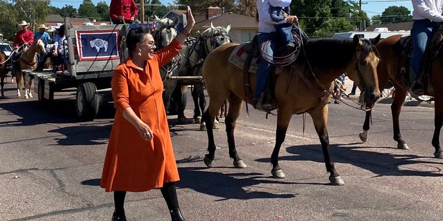 Republican congressional candidate Harriet Hageman campaigns at the Goshen County Fair parade, in Torrington, Wyoming, on Aug. 4, 2022.