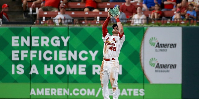 St. Louis Cardinals center fielder Harrison Bader, #48, catches a fly ball hit by Pittsburgh Pirates' Hoy Park during the eighth inning in the second game of a baseball doubleheader Tuesday, June 14, 2022, in St. Louis.