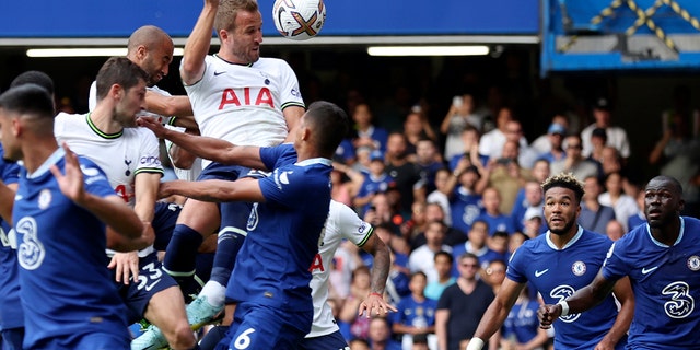 Tottenham's Harry Kane scores his side's second goal against Chelsea, Sunday, Aug. 14, 2022.