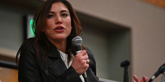 Hope Solo speaks during "Champion and Activist: An Evening With Hope Solo" at the University of New Mexico on Jan. 27, 2020, in Albuquerque.