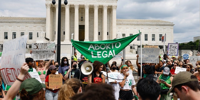 Pro-choice activists demonstrate in front of the Supreme Court in Washington.