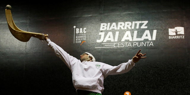 Jai Alai players play with their chisteras, a large wicker glove, during a Cesta Punta match in Anglet in the Basque country, France, January 30, 2019.