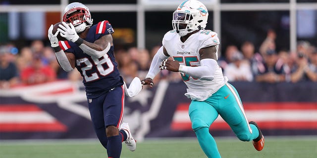 James White of the New England Patriots makes a catch beyond the reach of Jerome Baker of the Miami Dolphins during the second half at Gillette Stadium in Foxborough, Massachusetts, on Sept. 12, 2021.