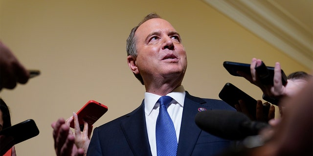 Rep. Adam Schiff, D-Calif., a member of the House select committee investigating the Jan. 6 attack on the U.S. Capitol, speaks with the media after a hearing at the Capitol in Washington, D.C., on June 21, 2022.