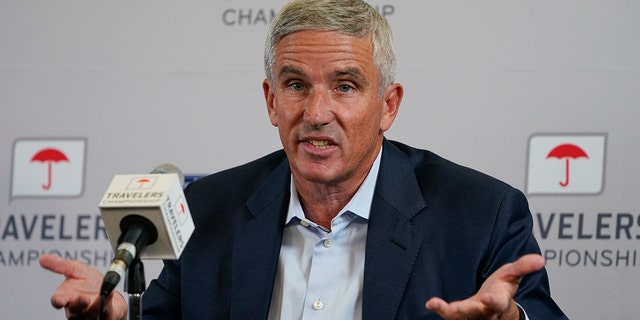 PGA Tour Commissioner Jay Monahan speaks during a news conference before the start of the Travelers Championship golf tournament at TPC River Highlands, Wednesday, June 22, 2022, in Cromwell, Conn.