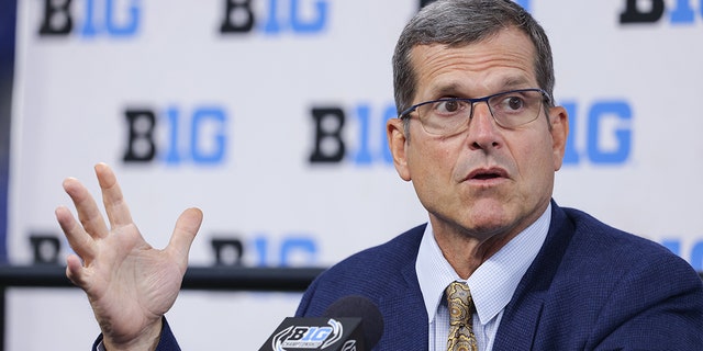 Head coach Jim Harbaugh of the Michigan Wolverines speaks during the 2022 Big Ten Conference Football Media Days at Lucas Oil Stadium on July 26, 2022 in Indianapolis.