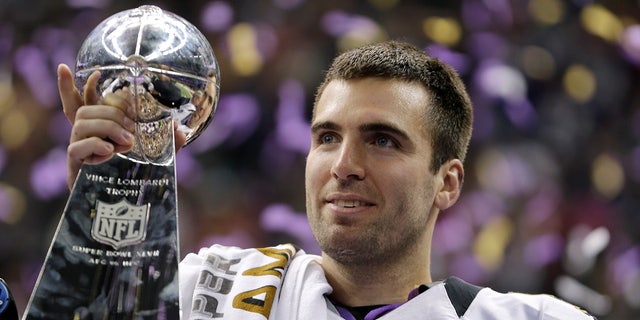 Baltimore Ravens quarterback Joe Flacco, #5, holds the Vince Lombardi Trophy after defeating the San Francisco 49ers 34-31 at Super Bowl XLVII in New Orleans Feb. 13, 2013. 