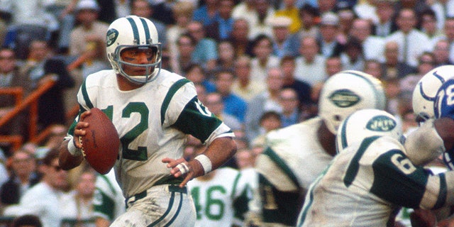 Joe Namath (12) of the New York Jets drops back to pass against the Baltimore Colts during Super Bowl III at the Orange Bowl, Jan. 12, 1969, in Miami, Florida.