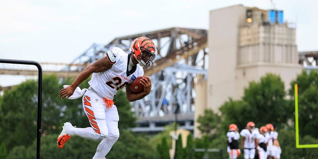 Cincinnati Bengals' Joe Mixon carries the ball during NFL football training camp in Cincinnati, Monday, Aug. 15, 2022.