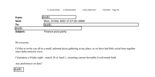 FOIAed email from the office of U.S. climate envoy John Kerry about a "finance pizza party" with both the sender's and recipients' names and emails redacted. (Screenshot of documents received courtesy of Protect the Public's Trust)