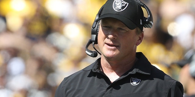 Las Vegas Raiders head coach Jon Gruden on the sidelines against the Pittsburgh Steelers during the second quarter at Heinz Field in Pittsburgh Sept. 19, 2021.