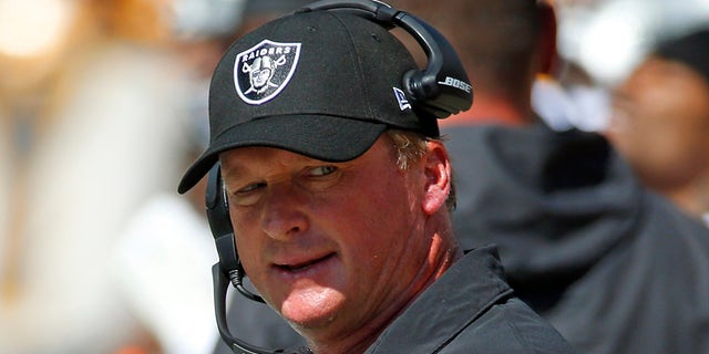 Jon Gruden of the Las Vegas Raiders in action against the Pittsburgh Steelers on September 19, 2021 at Heinz Field in Pittsburgh. 