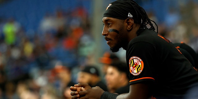 Jorge Mateo of the Baltimore Orioles looks on during the Tampa Bay Rays game at Tropicana Field on Aug. 12, 2022, in St Petersburg, Florida.