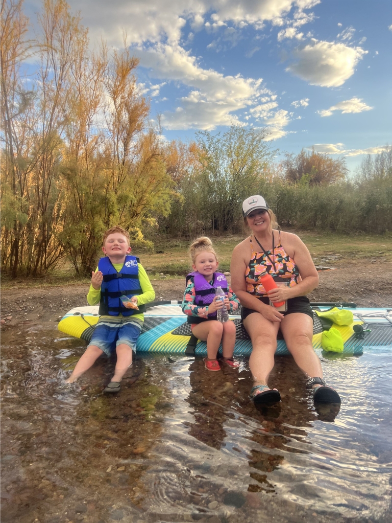 Rogers and her two young grandchildren are pictured. The grandmother's video has clocked up more than 8.3 million views on TikTok alone. 