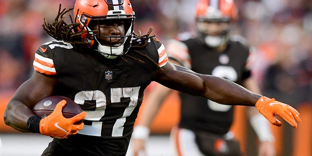 Kareem Hunt of the Browns runs against the Arizona Cardinals at FirstEnergy Stadium on Oct. 17, 2021, in Cleveland, Ohio.