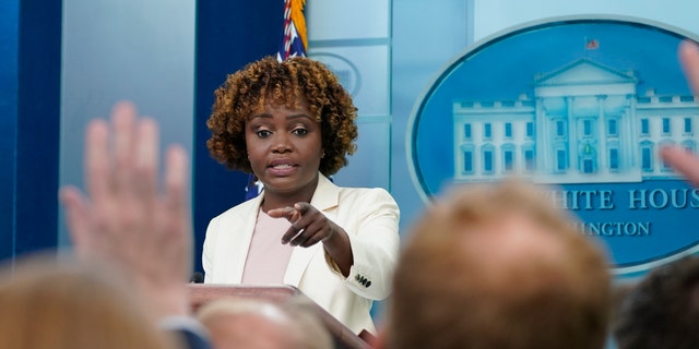 White House press secretary Karine Jean-Pierre speaks during the daily briefing at the White House in Washington on Thursday. She refused to attach a number to the Biden student loan handout plan that could cost billions, according to watchdog groups. 