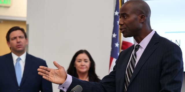 Florida Surgeon General Dr. Joseph Ladapo during a news conference with Gov. Ron DeSantis, at the NeoCity Academy in Kissimmee, on Sept. 22, 2021.