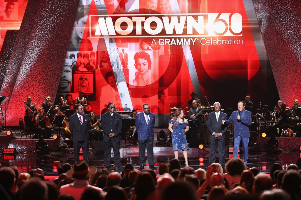 (L-R) Eddie Holland, Lamont Dozier, Brian Holland, Valerie Simpson, William 'Mickey' Stevenson, and Smokey Robinson appear onstage during Motown 60: A GRAMMY Celebration at Microsoft Theater on February 12, 2019 in Los Angeles, California.