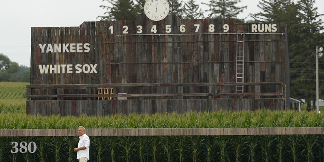 Kevin Costner looks on during introductions prior to the game between the Chicago White Sox and New York Yankees n Aug. 12, 2021, at Field of Dreams in Dyersville, Iowa.