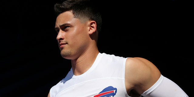 Matt Araiza of the Buffalo Bills takes the field during practice on Aug. 5, 2022, in Orchard Park, New York.