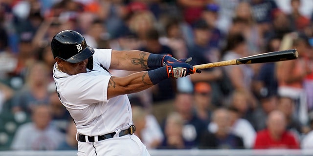 Detroit Tigers' Miguel Cabrera hits a solo home run against the Boston Red Sox in the second inning of a baseball game in Detroit, Tuesday, Aug. 3, 2021.