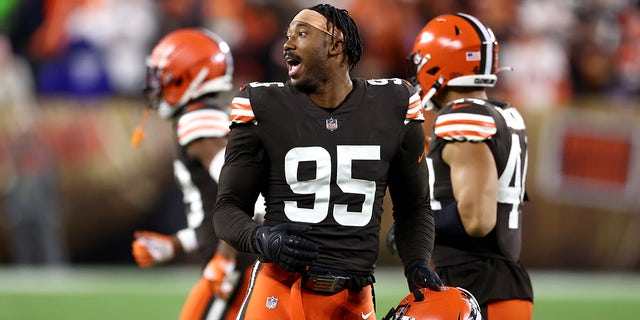Defensive end Myles Garrett (95) of the Cleveland Browns reacts to a first-half play against the Denver Broncos at FirstEnergy Stadium Oct. 21, 2021, in Cleveland.