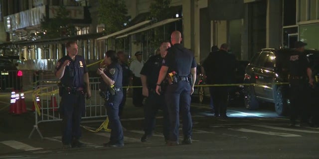 Two robbery suspects in Manhattan in New York City opened fire on police, who fired back before the suspects fled in a sedan, Friday, July 29, 2022, the NYPD said.