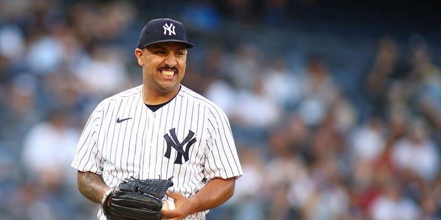 Nestor Cortes of the New York Yankees reacts in the first inning against the Tampa Bay Rays at Yankee Stadium in New York on June 15, 2022.