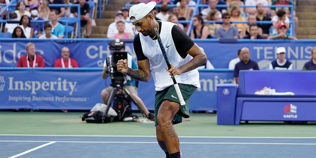 Nick Kyrgios, of Australia, reacts during a match against Marcos Giron, of the United States, at the Citi Open tennis tournament in Washington, Tuesday, Aug. 2, 2022. 