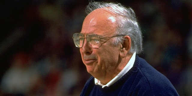 Closeup of Princeton coach Pete Carril looking upset during game vs Syracuse at Worcester Centrum.