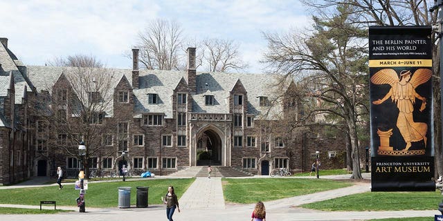 People wander around the Princeton University Campus during early spring.