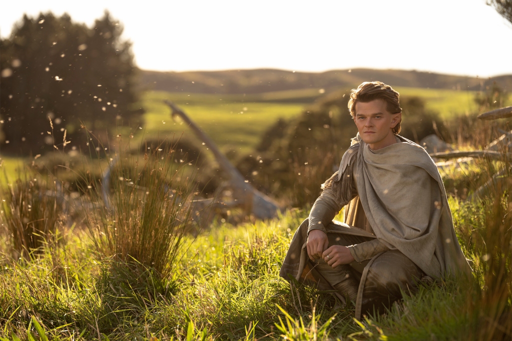  Robert Aramayo as Elrond crouches in a green field. 