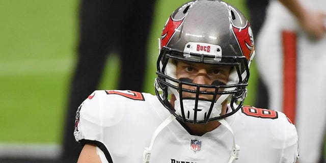 Tight end Rob Gronkowski of the Tampa Bay Buccaneers during warmups before the Raiders game on Oct. 25, 2020, in Las Vegas.