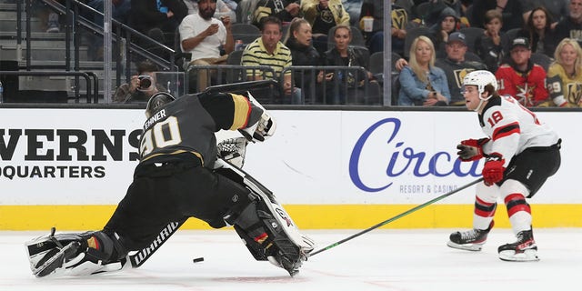 Robin Lehner #90 of the Vegas Golden Knights clears the puck during the first period of a game against the New Jersey Devils at T-Mobile Arena on April 18, 2022 in Las Vegas, Nevada. 