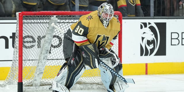 Robin Lehner #90 of the Vegas Golden Knights warms up prior to a game against the Washington Capitals at T-Mobile Arena on April 20, 2022 in Las Vegas, Nevada.