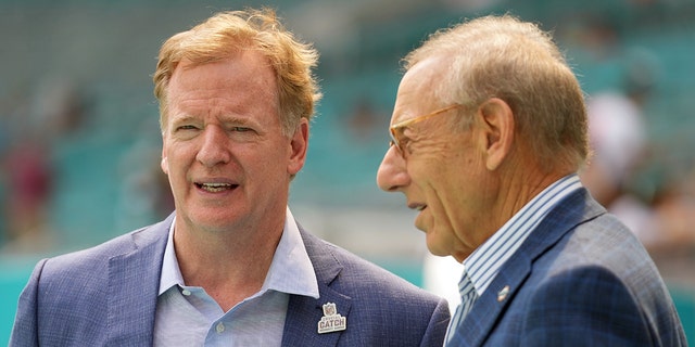 NFL Commissioner Roger Goodell speaks with Miami Dolphins owner Stephen Ross before a game between the Indianapolis Colts and Dolphins at Hard Rock Stadium Oct. 3, 2021, in Miami Gardens, Fla.